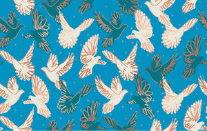 Rise Fly Doves Bright Blue Metallic Cotton Fabric