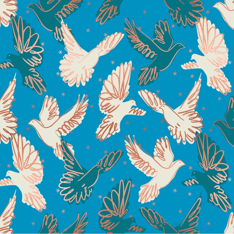 Rise Fly Doves Bright Blue Metallic Cotton Fabric