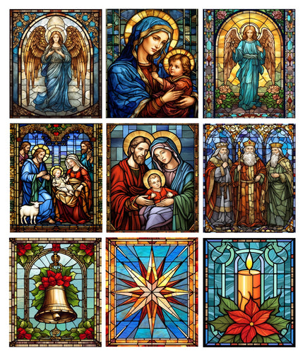 Stained Glass Nativity Christmas Blocks Cotton Fat Quarter Panel