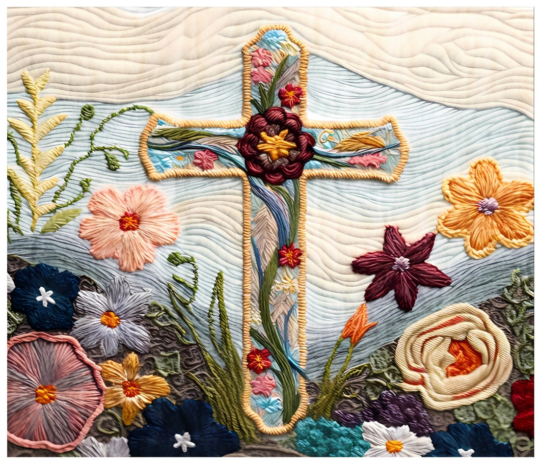Embroidered Cross Large Floral Cotton Fat Quarter Panel