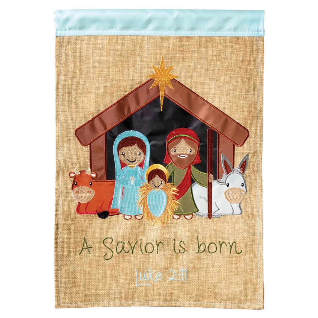 Nativity in Creche Burlap Embroidered 13x18 Garden Flag