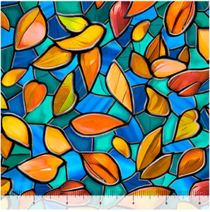 Tree of Life Stained Glass Leaves Blue Cotton Fabric