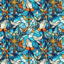 Faith In Full Color Turquoise Multi Praying Hands Stained Glass Cotton Fabric