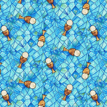 Faith In Full Color Turquoise Multi Tossed Chalice Stained Glass Cotton Fabric