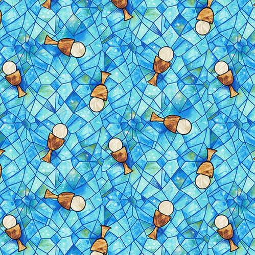 Faith In Full Color Turquoise Multi Tossed Chalice Stained Glass Cotton Fabric