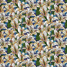Faith In Full Color Turquoise White Packed Lilies Stained Glass Cotton Fabric