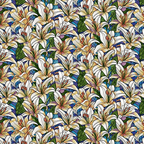 Faith In Full Color Turquoise White Packed Lilies Stained Glass Cotton Fabric