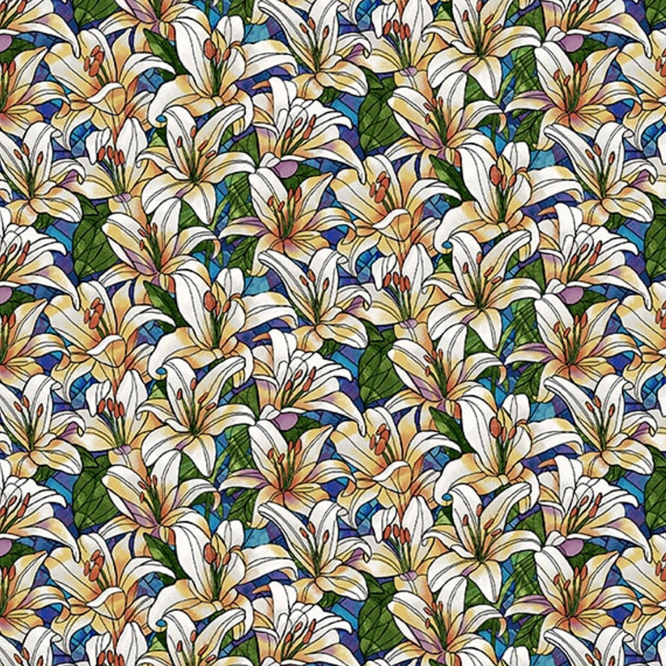 Faith In Full Color Turquoise White Packed Lilies Stained Glass Cotton Fabric