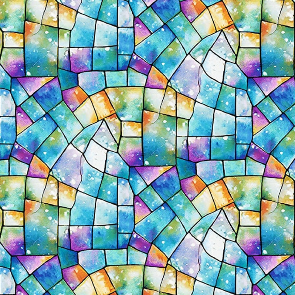 Faith In Full Color Turquoise Multi Stained Glass Cotton Fabric