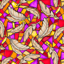 Guardian Angel Feathers on Stained Glass Yellow Red Cotton Fabric
