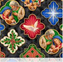 A Star Above Nativity Medallions Charcoal Cotton Fabric