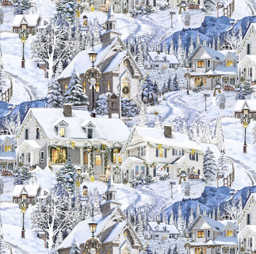 Multi Snowy Village Cotton Fabric