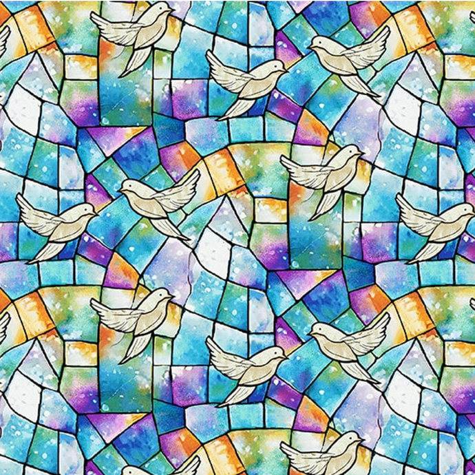 Faith In Full Color Turquoise Multi Doves Stained Glass Cotton Fabric