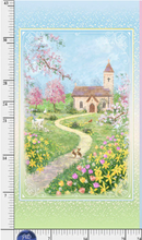 Fields of Faith Cherry Blossom Church Cotton Fabric Panel