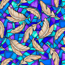 Guardian Angel Feathers on Stained Glass Blue Cotton Fabric