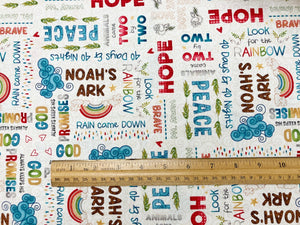 Two By Two Noah's Ark White Words Cotton Fabric