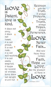 Loves Never Fails 1 Corinthians 13 10x18 inch Mini Fabric Art Panel