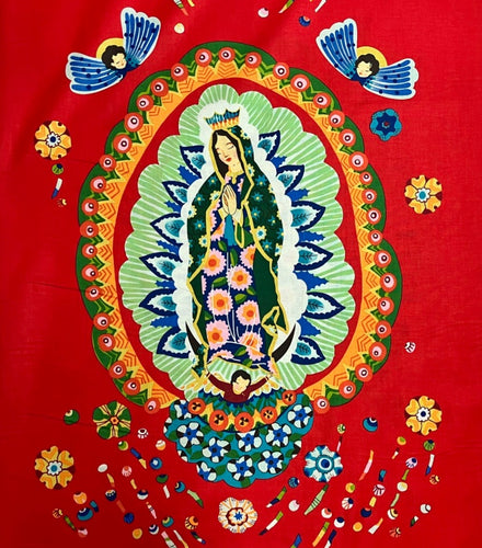 Our Lady of Guadalupe Folklorico Red Cotton Fabric Panel
