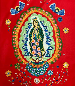 Our Lady of Guadalupe Folklorico Red Cotton Fabric Panel