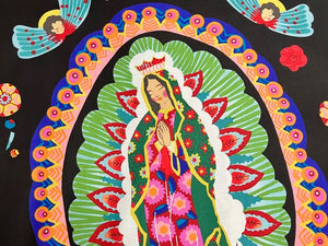 Our Lady of Guadalupe Folklorico Black Cotton Fabric Panel
