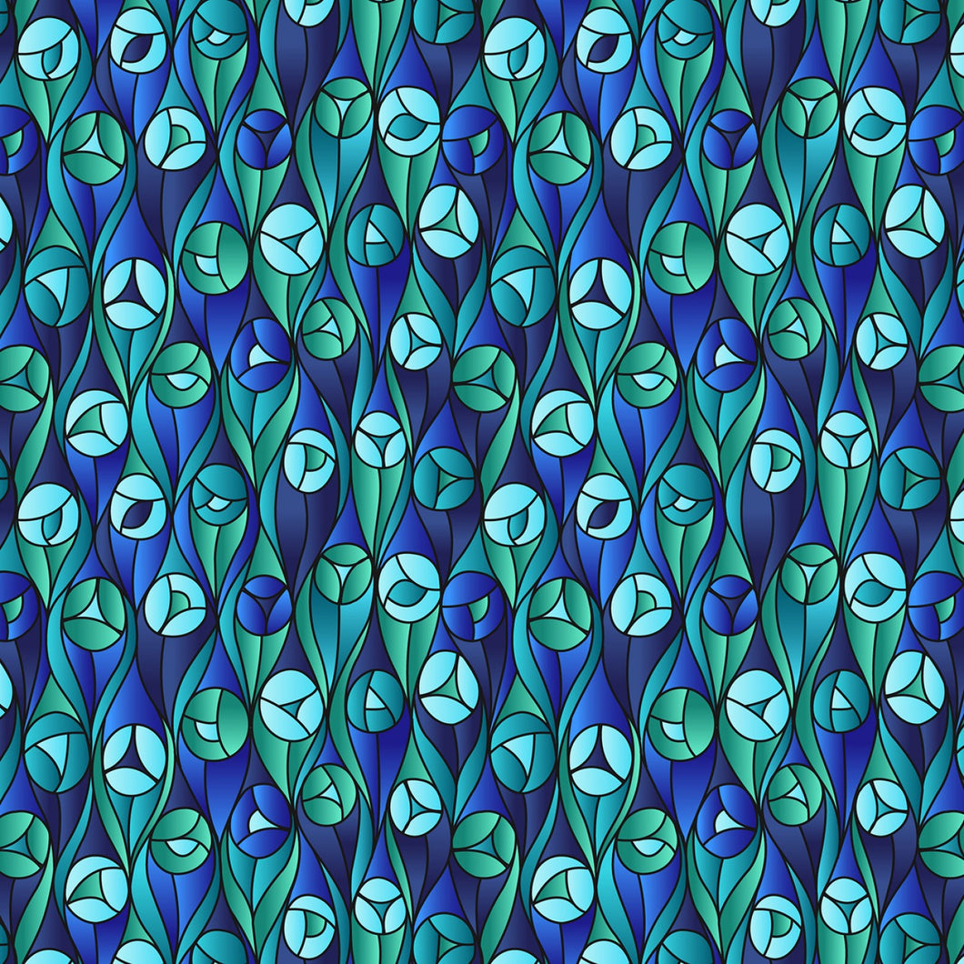 Reflections Buds Green and Blue Stained Glass Cotton Fabric