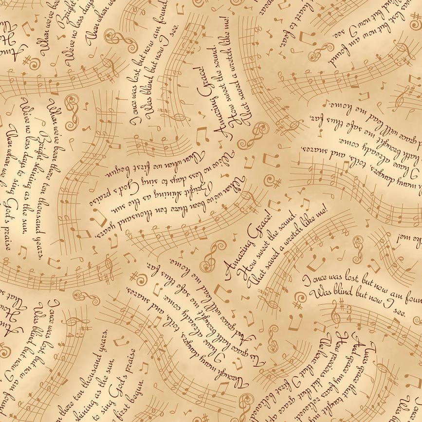 Amazing Grace Lyrics & Music Tan Cotton Fabric