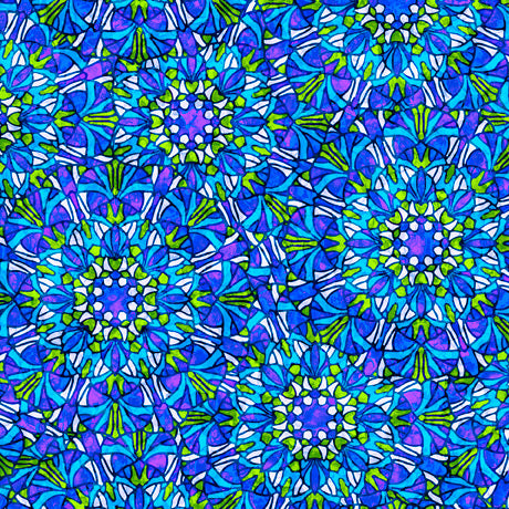Ambiance Stained Glass Medallions Blue Cotton Fabric