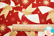 Angels Above Peace on Earth Christmas Red Metallic Gold Cotton Fabric