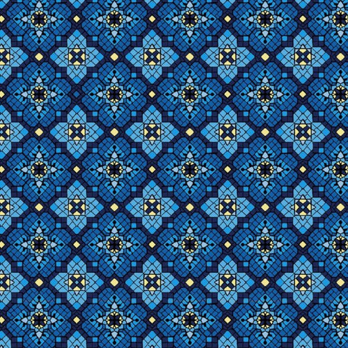 Rebirth Blue Tile Stained Glass Cotton Fabric