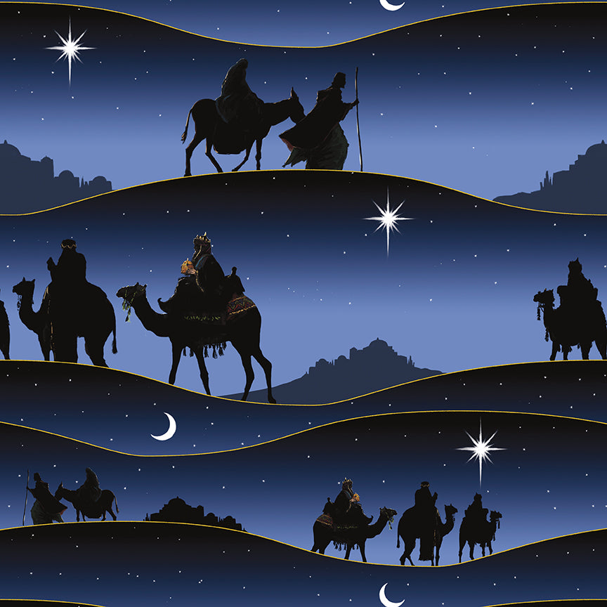 Christmas Wishes Border Stripe Navy Digitally Printed Cotton Fabric