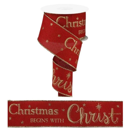 Christmas Begins With Christ Red 2.5inch Canvas Wired Ribbon