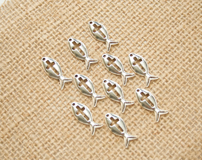 Pocket Prayer Silver Cross Ichthys Charms Set 10 ct