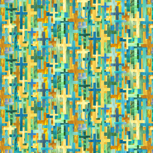 Spirit of Love Overlapping Crosses Yellow Multi Cotton Fabric