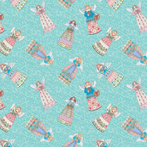 Garden Angels Toss Turquoise Cotton Fabric