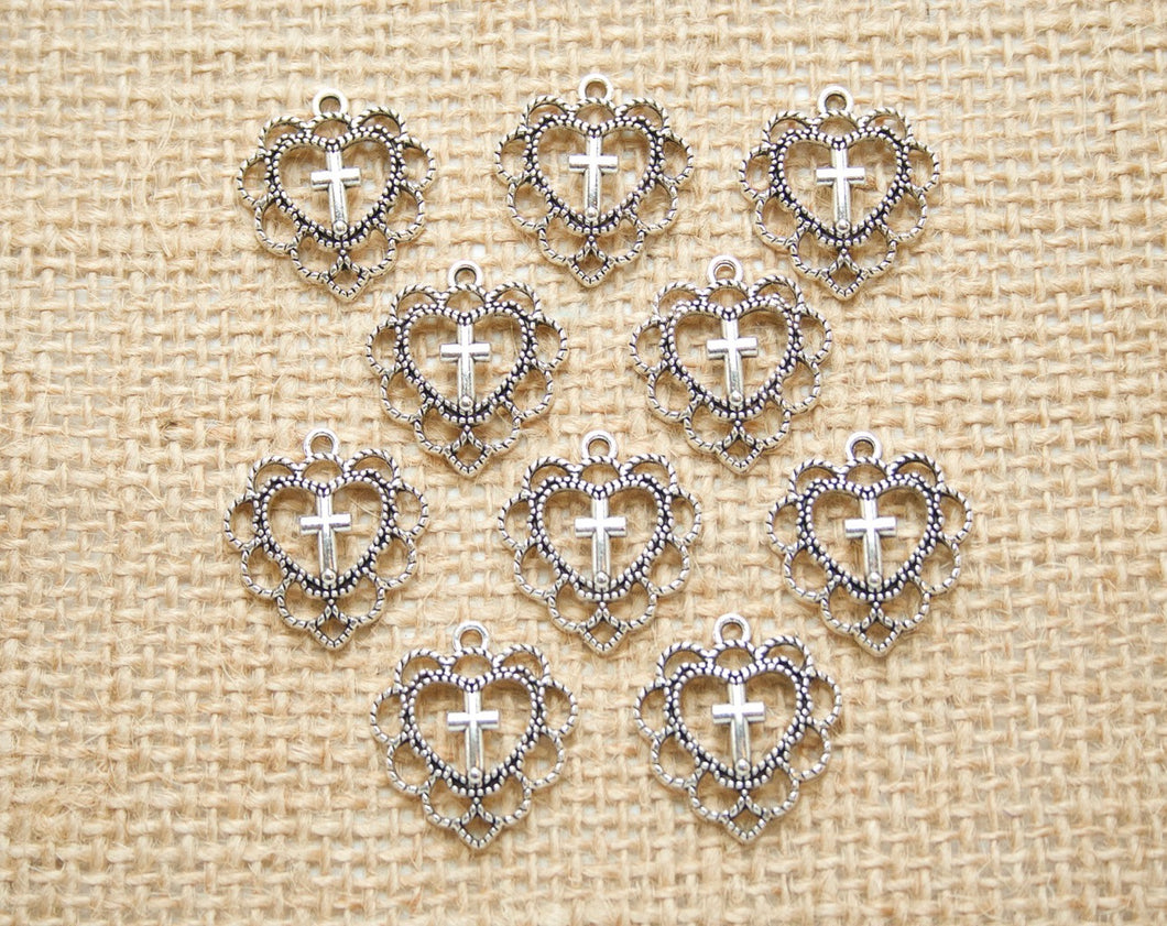 Pocket Prayer Silver Heart Cross Charms Set 10 ct