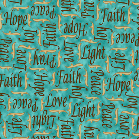 Instruments of Peace Inspirational Words Teal Cotton Fabric