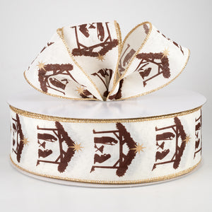 Ivory Nativity 2.5inch Wired Canvas Ribbon