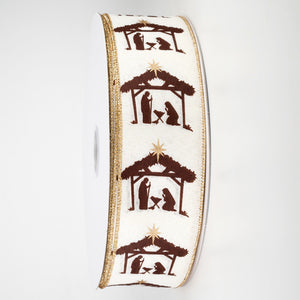 Ivory Nativity 2.5inch Wired Canvas Ribbon