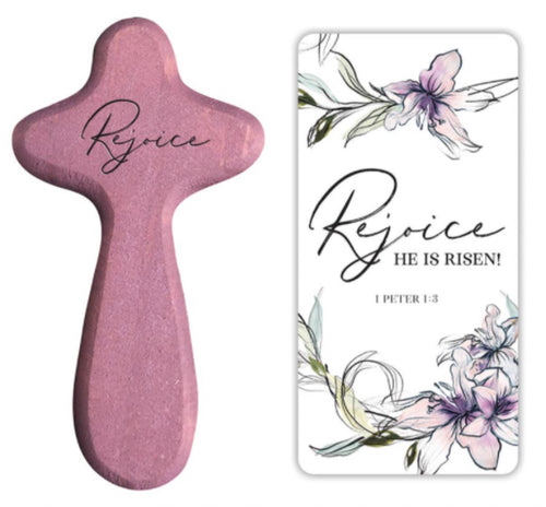 Rejoice Wooden Message Hand-held Prayer Cross
