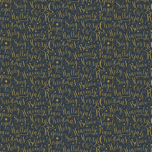Oh Holy Night Words Navy Gold Metallic Cotton Fabric