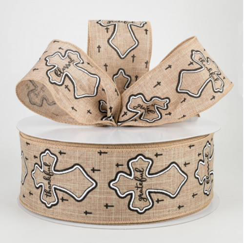 Grateful Thankful Blessed Cross 2.5inch Wired Canvas Ribbon