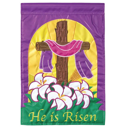 He Is Risen Embroidered Cross 13x18 Garden Flag
