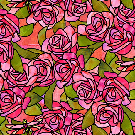Stained Glass Garden Roses Pink Cotton Fabric