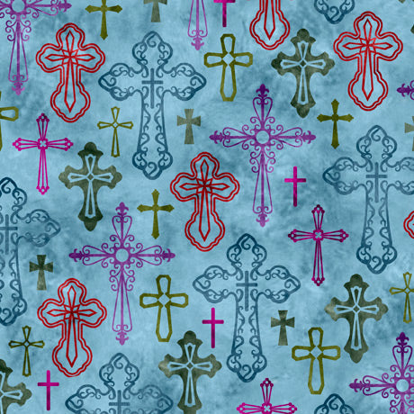 The Good Shepherd Blue Crosses Cotton Fabric