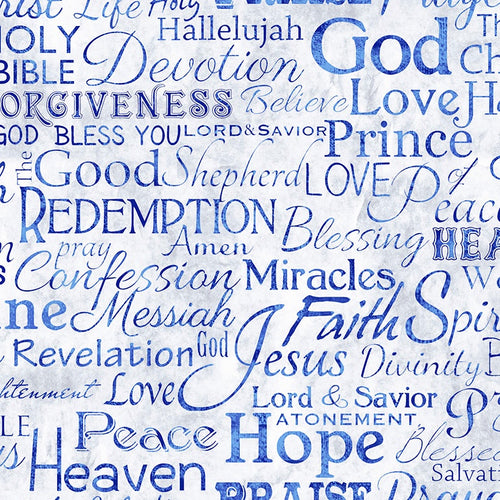 Faith Words Religious Phrases Blue Cotton Fabric