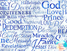 Faith Words Religious Phrases Blue Cotton Fabric