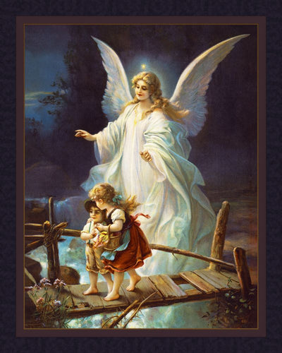 Guardian Angel and Children Cotton Fabric Panel