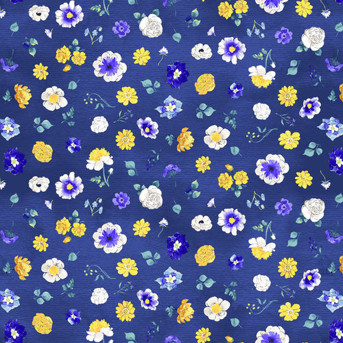 Faith Tossed Flowers Royal Blue Cotton Fabric